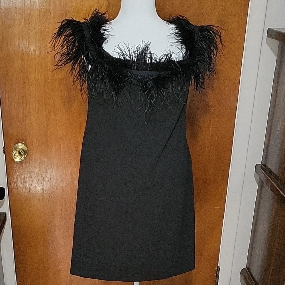 Vince Camuto Elegant Black Red Carpet Ostrich Feather-Trimmed Dress Size Large